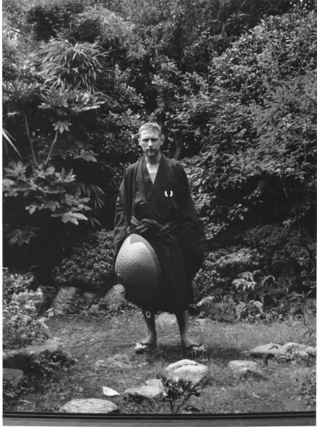Gary Snyder in Zen Robes Walking a Stepping Stone Path