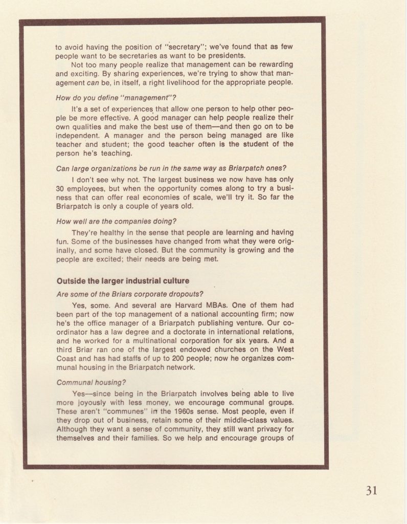Page 31, Managment in the Briarpatch (cont.), An interview by Kristen Anundsen, editor Management Review, with Michael Phillips, February 1975